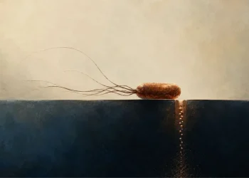 Ilustração de uma bactéria com flagelos sobre uma linha horizontal, com uma coluna de pontos a descer para a parte inferior azul, sugerindo protões a atravessar uma membrana celular.