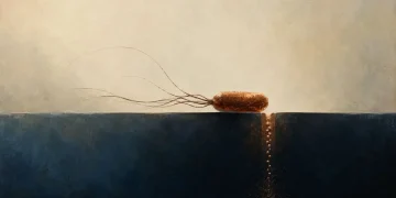 Ilustração de uma bactéria com flagelos sobre uma linha horizontal, com uma coluna de pontos a descer para a parte inferior azul, sugerindo protões a atravessar uma membrana celular.