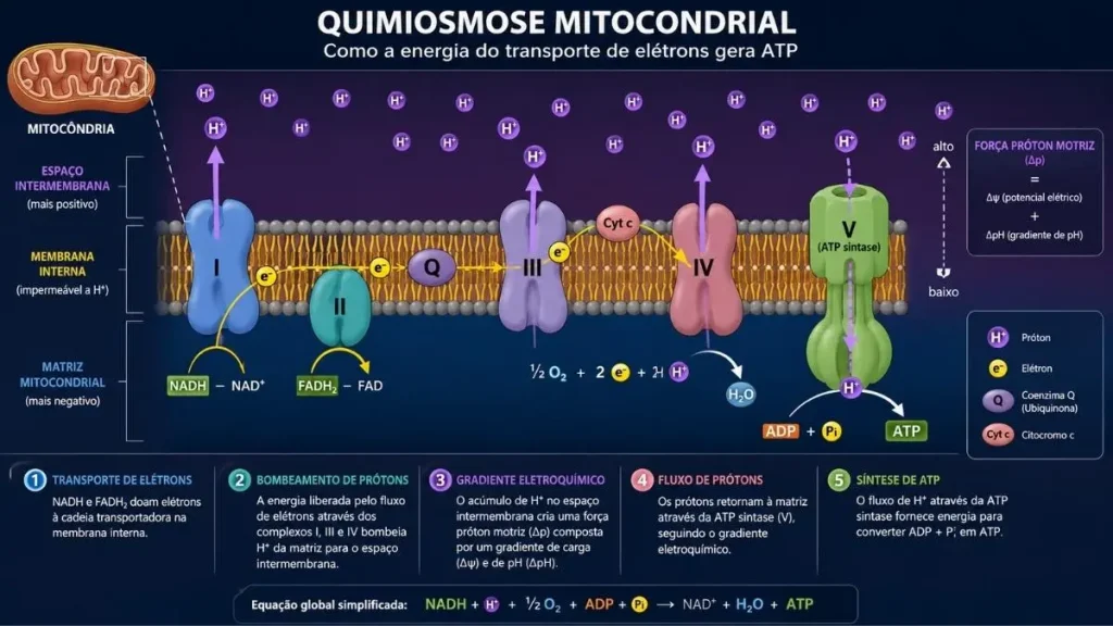 Diagrama anotado da quimiosmose mitocondrial: complexos da cadeia respiratória bombeiam protões para o espaço intermembranar e o ATP sintase usa o gradiente para sintetizar ATP.