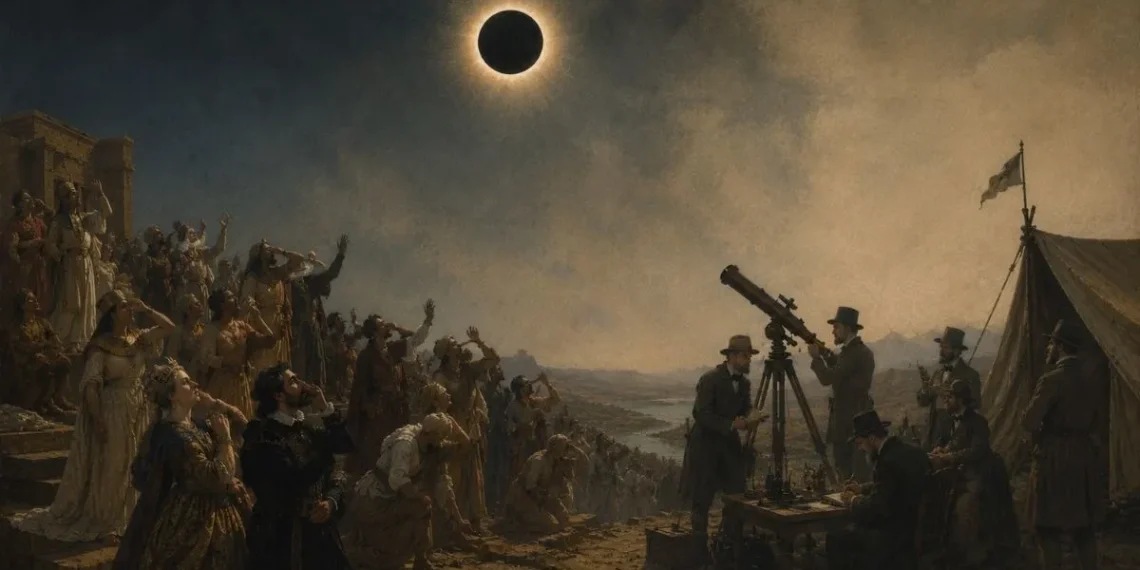 Pintura alegórica de um eclipse total do sol: à esquerda, multidão antiga olha o céu com gestos de temor; à direita, astrónomos do século XIX observam com telescópio junto a uma tenda de expedição.
