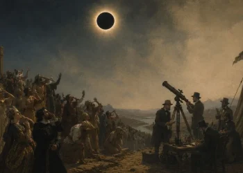 Pintura alegórica de um eclipse total do sol: à esquerda, multidão antiga olha o céu com gestos de temor; à direita, astrónomos do século XIX observam com telescópio junto a uma tenda de expedição.