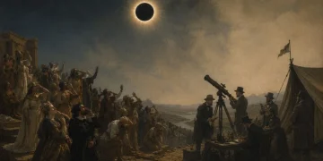 Pintura alegórica de um eclipse total do sol: à esquerda, multidão antiga olha o céu com gestos de temor; à direita, astrónomos do século XIX observam com telescópio junto a uma tenda de expedição.