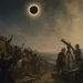 Pintura alegórica de um eclipse total do sol: à esquerda, multidão antiga olha o céu com gestos de temor; à direita, astrónomos do século XIX observam com telescópio junto a uma tenda de expedição.