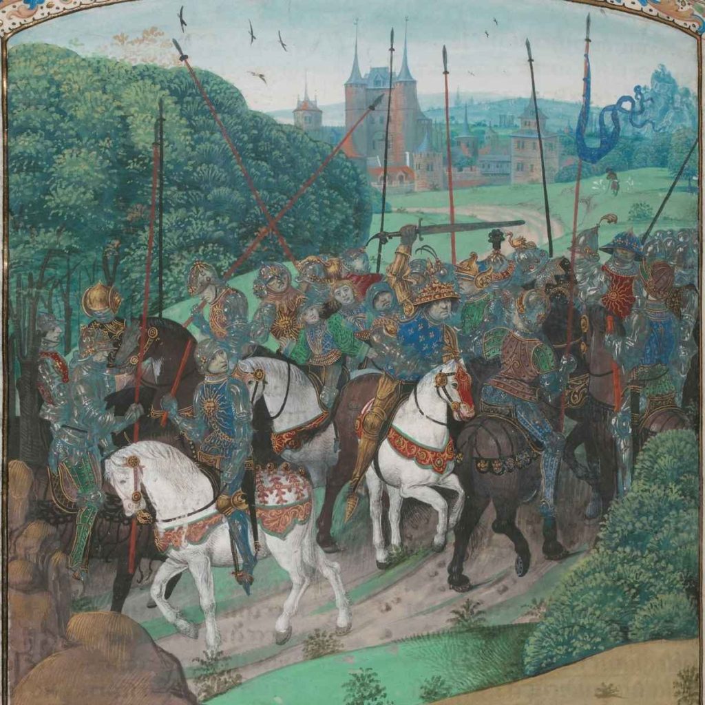 Iluminura do século XV mostrando Carlos VI durante o acesso de loucura na floresta de Le Mans em agosto de 1392, atacando os próprios cavaleiros