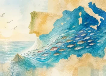 Ilustração em aguarela mostrando um cardume de peixes a sair do Mediterrâneo Ocidental em direção ao Atlântico, atravessando o Estreito de Gibraltar, com a Península Ibérica à esquerda e o sul de Itália à direita.