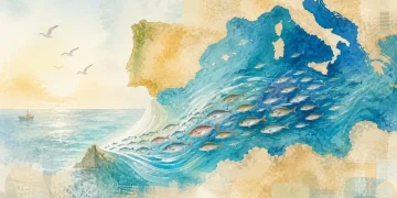 Ilustração em aguarela mostrando um cardume de peixes a sair do Mediterrâneo Ocidental em direção ao Atlântico, atravessando o Estreito de Gibraltar, com a Península Ibérica à esquerda e o sul de Itália à direita.