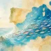 Ilustração em aguarela mostrando um cardume de peixes a sair do Mediterrâneo Ocidental em direção ao Atlântico, atravessando o Estreito de Gibraltar, com a Península Ibérica à esquerda e o sul de Itália à direita.