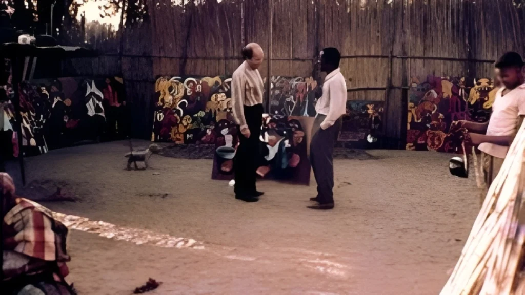 Fotografia de 1961 com Pancho Guedes e Malangatana de pé, frente a frente, em Matalana. Recinto de canas e chão de terra batida. Atrás deles, várias telas de Malangatana encostadas à parede e dispostas no chão, com paleta saturada de vermelhos, ocres e brancos. Em primeiro plano, dois assistentes a manusear outras peças.