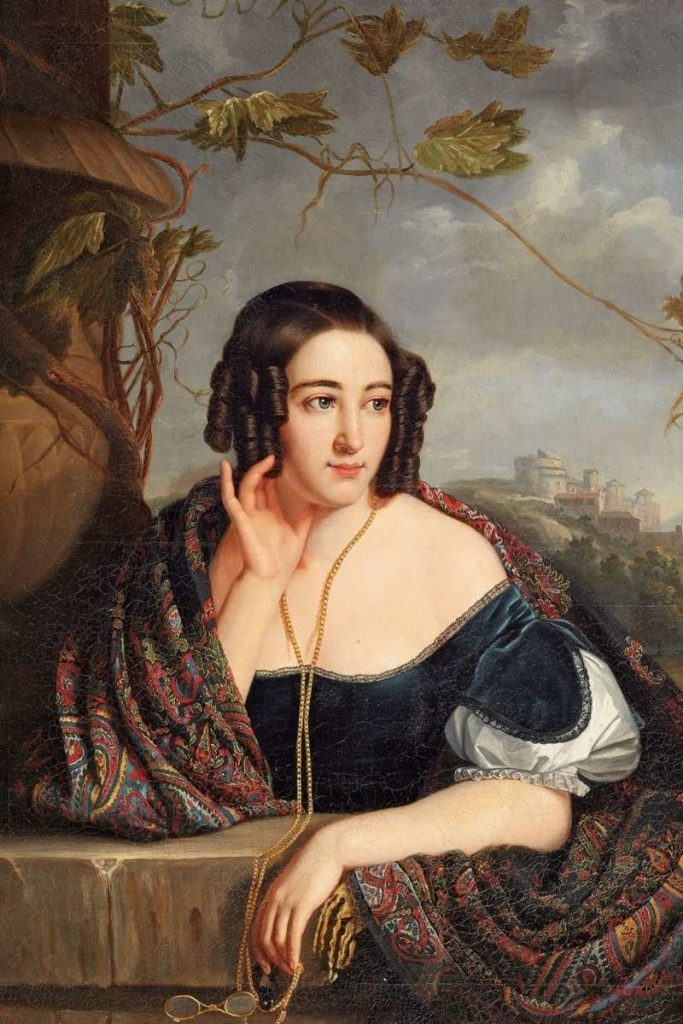 Retrato a óleo da princesa Alexandra Amália da Baviera (1826-1875), pintado por Joseph Karl Stieler para a Galeria das Belezas em Nymphenburg