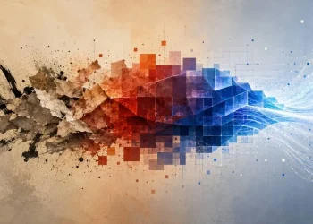 Ilustração abstrata da transição da manufactura chinesa para a inteligência artificial, da caligrafia tradicional aos fluxos de dados digitais