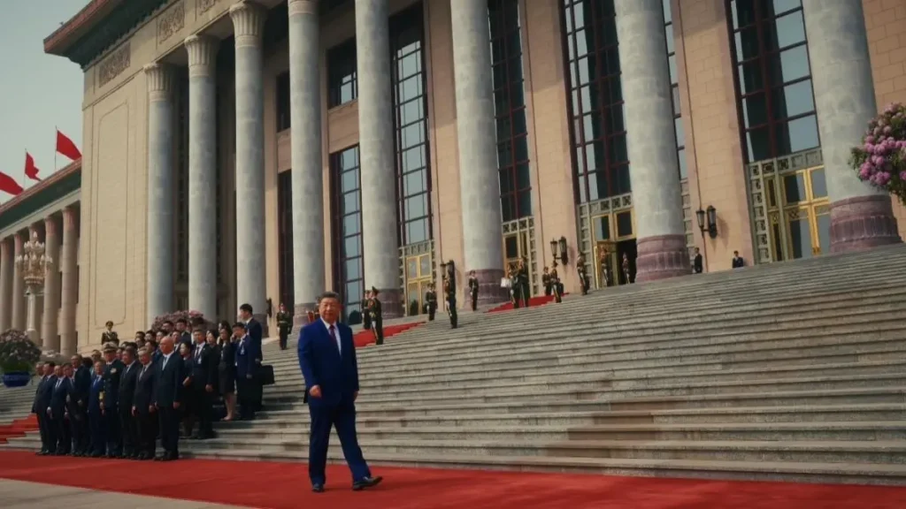 Xi Jinping caminha sobre o tapete vermelho à entrada do Grande Salão do Povo em Pequim, durante a visita de Estado do presidente americano à China, em maio de 2026. Shanzhai