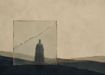 Ilustração editorial: figura de rei coroado, vista de costas, dentro de uma placa de vidro rachada, sobre paisagem em colinas escuras com céu cor de pedra