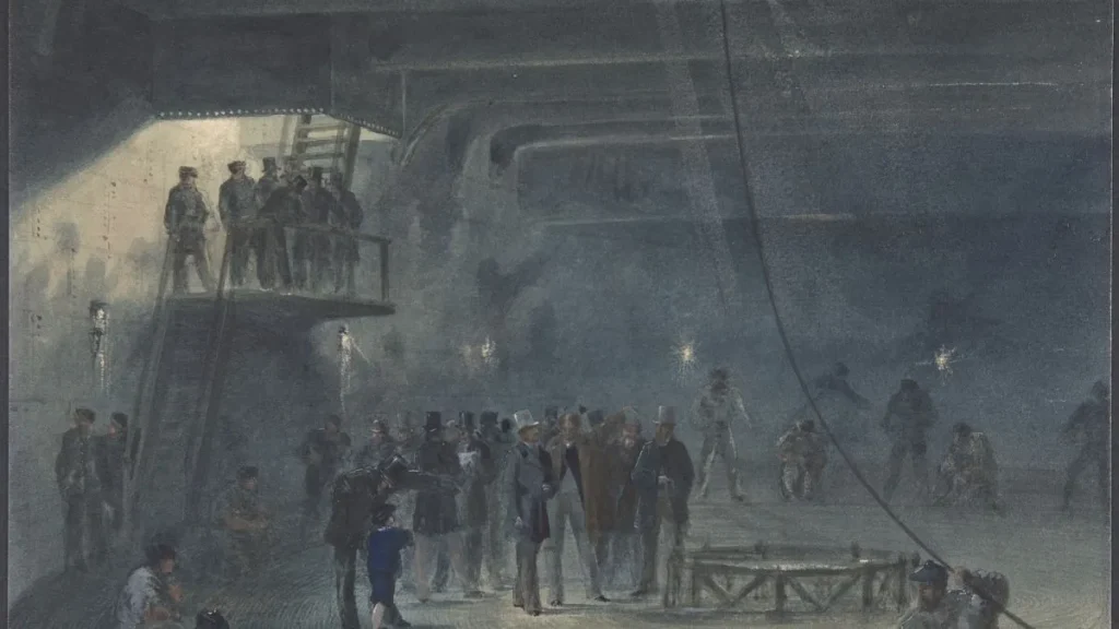 Aguarela de 1865 com o cabo telegráfico transatlântico a ser enrolado a bordo do Great Eastern, em Sheerness, durante a visita do Príncipe de Gales. Os cabos submarinos são anteriores à internet