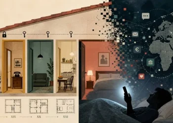 Ilustração editorial sobre a dissolução da privacidade doméstica pelo smartphone, no registo visual do Tanto Mundo