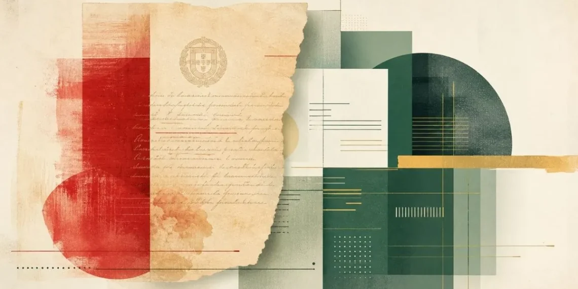 Ilustração editorial sobre os 50 anos da Constituição da República Portuguesa: pergaminho com brasão nacional e bloco vermelho à esquerda, formas geométricas modernas em verde escuro e dourado à direita - criada com IA