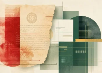 Ilustração editorial sobre os 50 anos da Constituição da República Portuguesa: pergaminho com brasão nacional e bloco vermelho à esquerda, formas geométricas modernas em verde escuro e dourado à direita - criada com IA