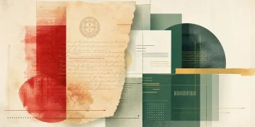 Ilustração editorial sobre os 50 anos da Constituição da República Portuguesa: pergaminho com brasão nacional e bloco vermelho à esquerda, formas geométricas modernas em verde escuro e dourado à direita - criada com IA