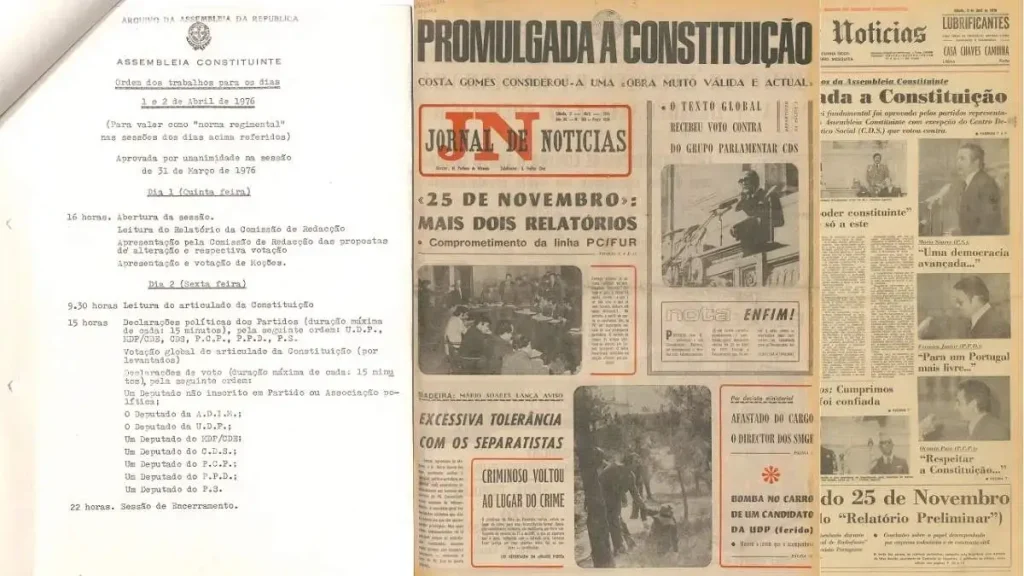 Montagem com primeiras páginas do Diário de Notícias e do Jornal de Notícias de 3 de abril de 1976 a noticiar a promulgação da Constituição, e original manuscrito do preâmbulo com anotações marginais