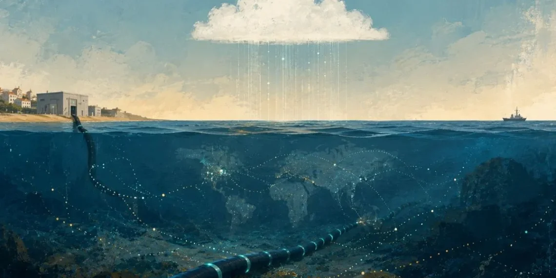 Ilustração de uma costa portuguesa com estação de aterragem de cabos submarinos, nuvem com gotas digitais a cair sobre o oceano, e cabo a descer ao fundo do mar onde se desenha um mapa-múndi com rotas de cabos.