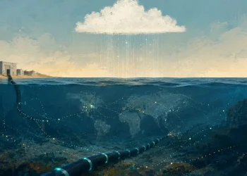 Ilustração de uma costa portuguesa com estação de aterragem de cabos submarinos, nuvem com gotas digitais a cair sobre o oceano, e cabo a descer ao fundo do mar onde se desenha um mapa-múndi com rotas de cabos.