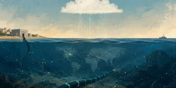 Ilustração de uma costa portuguesa com estação de aterragem de cabos submarinos, nuvem com gotas digitais a cair sobre o oceano, e cabo a descer ao fundo do mar onde se desenha um mapa-múndi com rotas de cabos.