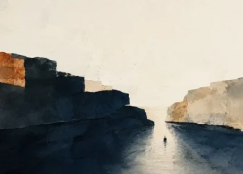 Ilustração em aguarela do Estreito de Ormuz, com falésias escuras a apertar um canal de água e um navio solitário ao centro