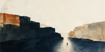 Ilustração em aguarela do Estreito de Ormuz, com falésias escuras a apertar um canal de água e um navio solitário ao centro