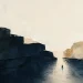 Ilustração em aguarela do Estreito de Ormuz, com falésias escuras a apertar um canal de água e um navio solitário ao centro