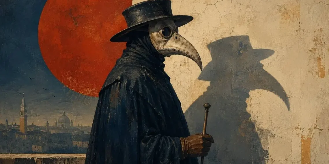 Ilustração de um médico da peste com máscara de bico e capa escura, de perfil, com a sombra projetada numa parede e uma cidade lagunar ao fundo sob um disco vermelho.