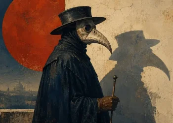 Ilustração de um médico da peste com máscara de bico e capa escura, de perfil, com a sombra projetada numa parede e uma cidade lagunar ao fundo sob um disco vermelho.