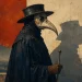 Ilustração de um médico da peste com máscara de bico e capa escura, de perfil, com a sombra projetada numa parede e uma cidade lagunar ao fundo sob um disco vermelho.