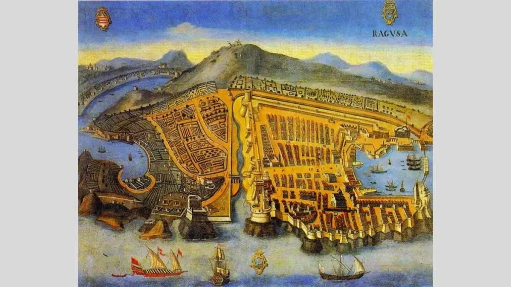 Gravura do século XVII mostrando a cidade-estado de Ragusa, hoje Dubrovnik, murada sobre a costa da Dalmácia.