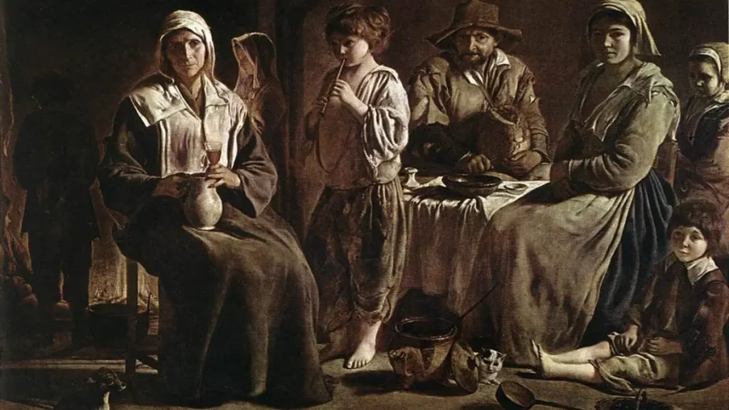 Pintura a óleo do século XVII, mostrando uma família de camponeses sentada em torno de uma mesa numa divisão única iluminada pela janela à esquerda, com uma lareira ao fundo