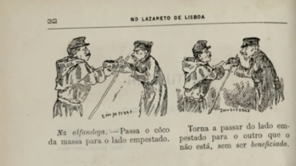 Duas vinhetas a traço de Rafael Bordalo Pinheiro mostrando um homem em quarentena e um guarda do lazareto a passar uma moeda de um lado para o outro através da barreira de desinfeção.