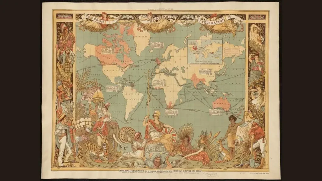 Mapa Imperial Federation de 1886, em projeção de Mercator, com o Império Britânico assinalado a vermelho
