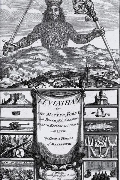 Frontispício de 1651 do Leviatã de Hobbes, com um soberano coroado de espada e báculo cujo corpo é formado por centenas de pessoas, sobre uma paisagem com cidade