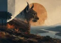 Ilustração Tanto Mundo de um lince ibérico de perfil fundido com uma paisagem do vale do Guadiana ao pôr do sol, com árvores e um cercado à esquerda. Criada por IA