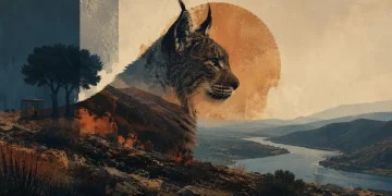 Ilustração Tanto Mundo de um lince ibérico de perfil fundido com uma paisagem do vale do Guadiana ao pôr do sol, com árvores e um cercado à esquerda. Criada por IA
