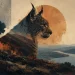 Ilustração Tanto Mundo de um lince ibérico de perfil fundido com uma paisagem do vale do Guadiana ao pôr do sol, com árvores e um cercado à esquerda. Criada por IA