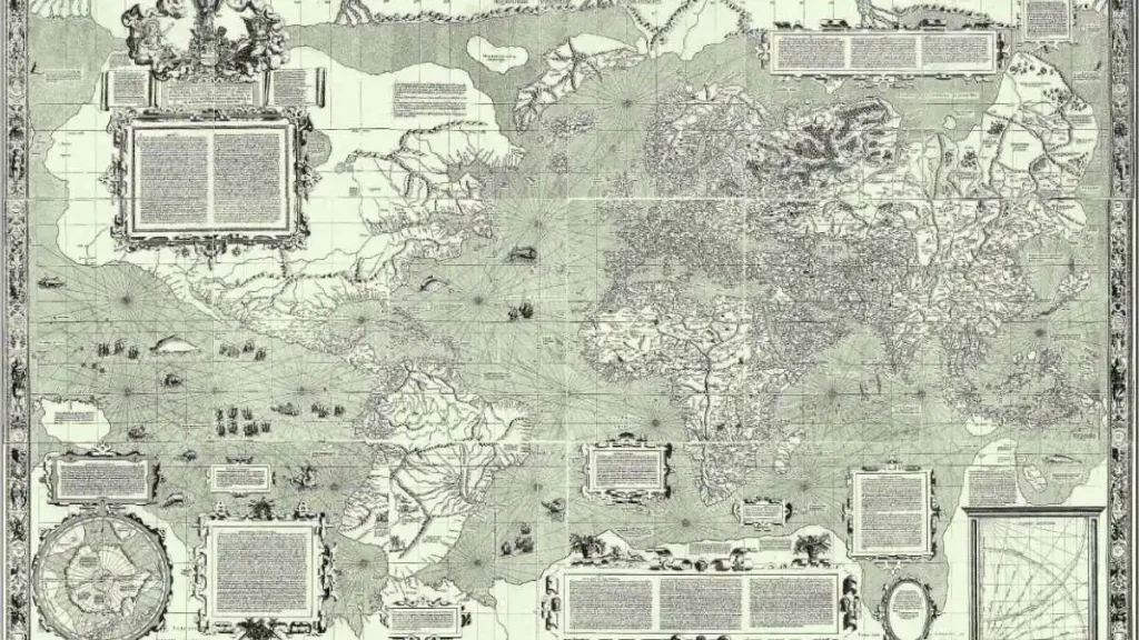 Mapa-múndi de Gerardus Mercator de 1569, com as massas de terra do norte ampliadas pela projeção cilíndrica