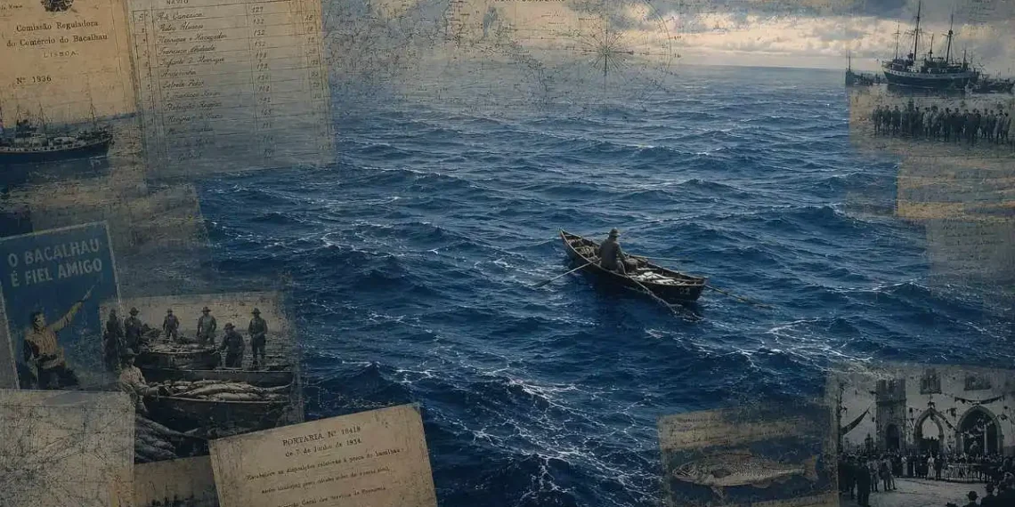 Pesca do bacalhau na Terra Nova: pescador sozinho num dóri no Atlântico Norte, rodeado de documentos e cartazes da Campanha do Bacalhau