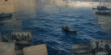 Pesca do bacalhau na Terra Nova: pescador sozinho num dóri no Atlântico Norte, rodeado de documentos e cartazes da Campanha do Bacalhau