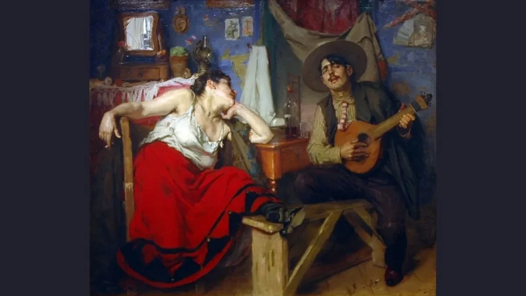 Pintura O Fado, de José Malhoa, com um homem a tocar guitarra ao lado de uma mulher num quarto da Mouraria