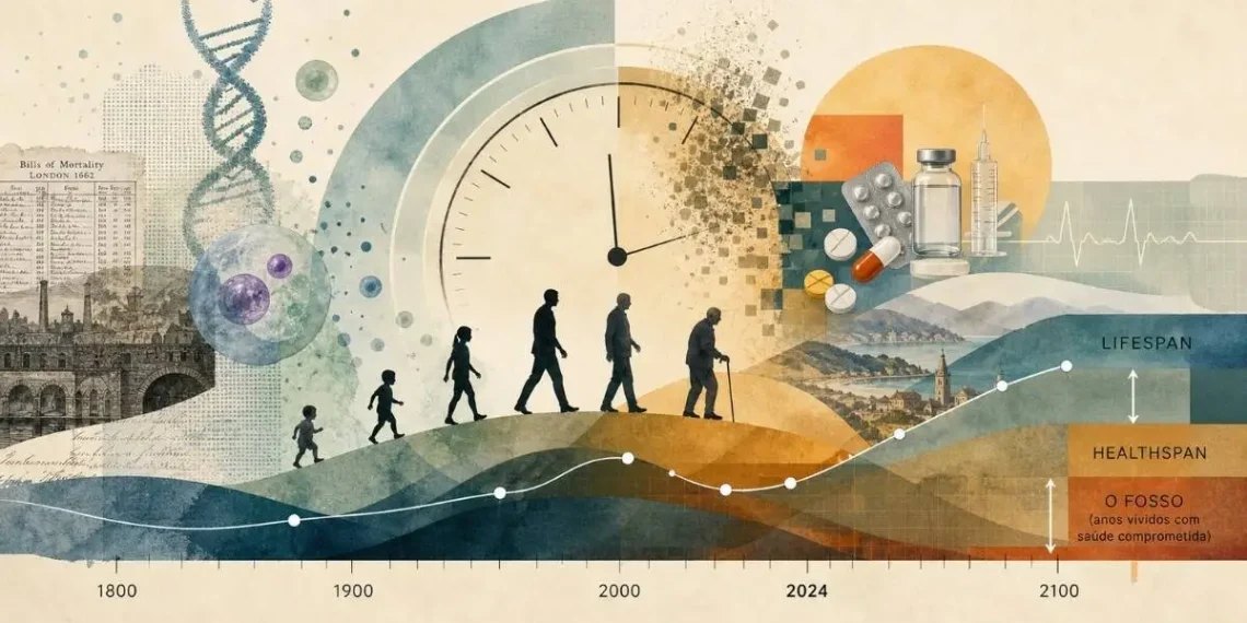 Colagem visual com linha do tempo de 1800 a 2100, silhuetas humanas em progressão etária, gravura das Bills of Mortality de Londres de 1662, hélice de ADN, células, relógio em desintegração, comprimidos e seringa, e gráfico do fosso entre lifespan e healthspan