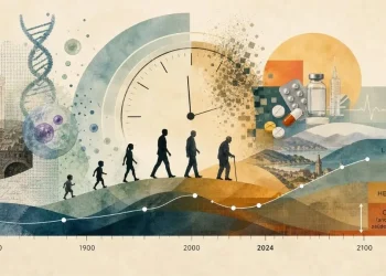Colagem visual com linha do tempo de 1800 a 2100, silhuetas humanas em progressão etária, gravura das Bills of Mortality de Londres de 1662, hélice de ADN, células, relógio em desintegração, comprimidos e seringa, e gráfico do fosso entre lifespan e healthspan