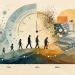 Colagem visual com linha do tempo de 1800 a 2100, silhuetas humanas em progressão etária, gravura das Bills of Mortality de Londres de 1662, hélice de ADN, células, relógio em desintegração, comprimidos e seringa, e gráfico do fosso entre lifespan e healthspan