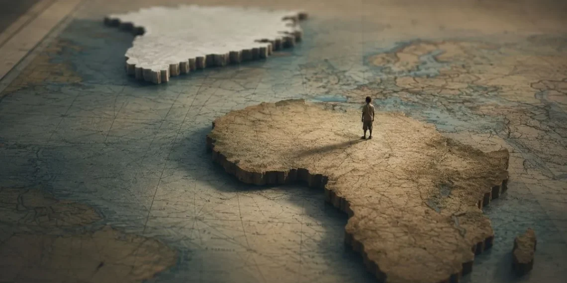 África e Gronelândia representadas em relevo sobre um mapa antigo cor-de-areia, com uma figura humana minúscula a caminhar pelo continente africano