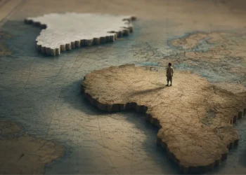África e Gronelândia representadas em relevo sobre um mapa antigo cor-de-areia, com uma figura humana minúscula a caminhar pelo continente africano
