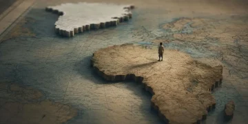 África e Gronelândia representadas em relevo sobre um mapa antigo cor-de-areia, com uma figura humana minúscula a caminhar pelo continente africano