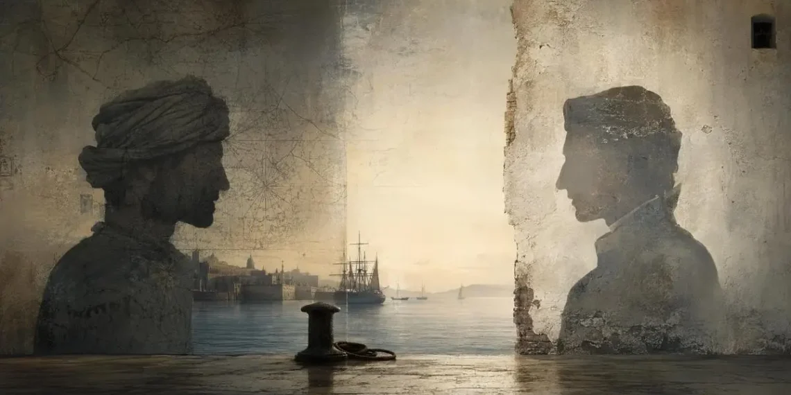 Silhuetas de dois homens, um de turbante e outro à europeia, diante de um porto mediterrânico com veleiros ancorados e uma carta náutica esbatida na parede